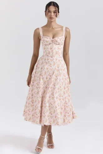 Rosalee Peach Poppy Print Cotton Bustier Sommerkjoler