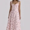 Rosalee Vintage Rose Pink Floral Print Midi Kjoler