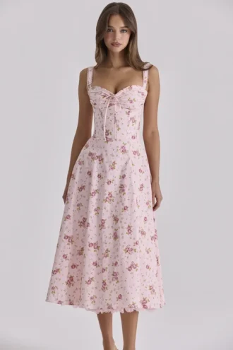 Rosalee Vintage Rose Pink Floral Print Midi Kjoler