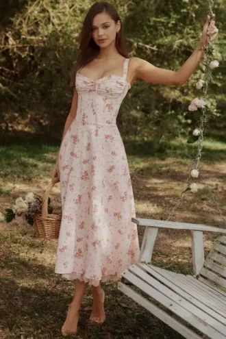 Rosalee Vintage Rose Pink Floral Print Midi Kjoler