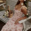 Rosalee Vintage Rose Pink Floral Print Midi Kjoler