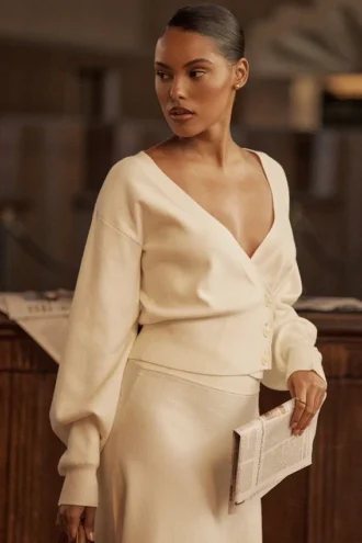 Rowan Ivory Wool Balloon Sleeve Wrap Cardigan