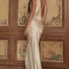 Safaira Buttermilk Satin Draped Cowl Neck Maxi Kjoler