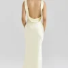 Safaira Buttermilk Satin Draped Cowl Neck Maxi Kjoler