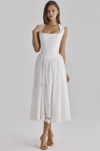 Safira hvit blomstret midi-kjol i bomull med broderie anglaise
