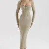 Saisha beige mesh langermet bodycon midikjole