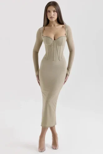 Saisha beige mesh langermet bodycon midikjole