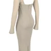 Saisha beige mesh langermet bodycon midikjole