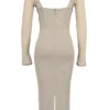 Saisha beige mesh langermet bodycon midikjole