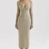 Saisha beige mesh langermet bodycon midikjole