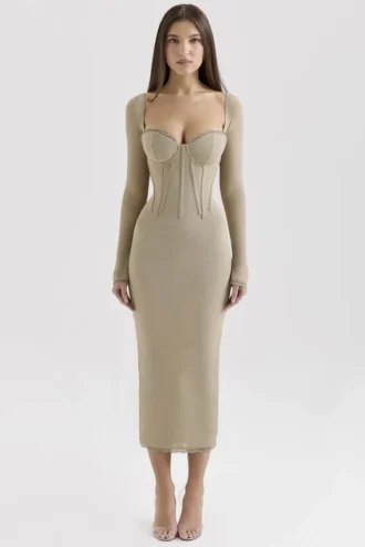 Saisha beige mesh langermet bodycon midikjole