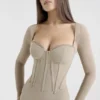 Saisha beige mesh langermet bodycon midikjole