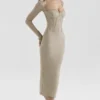 Saisha beige mesh langermet bodycon midikjole