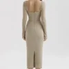 Saisha beige mesh langermet bodycon midikjole