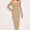 Saisha beige mesh langermet bodycon midikjole