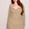 Saisha beige mesh langermet bodycon midikjole