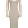 Saisha beige mesh langermet bodycon midikjole