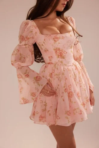 Sancia engelsk vintage roseprint minikjole med puffermmer