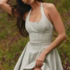 Sasha Pistachio Stretch Cotton Halter Neck Mini Kjoler