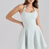 Sasha Pistachio Stretch Cotton Halter Neck Mini Kjoler