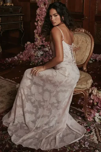 Seren myk rosa maxi-kjolelengde med blomstermønster og snøring i ryggen