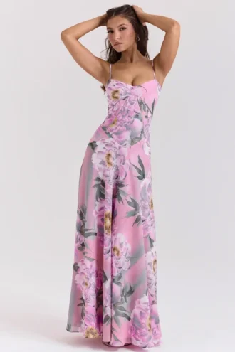 Seren rosa maxi-kjolelook med blomstertrykk og snøring i ryggen