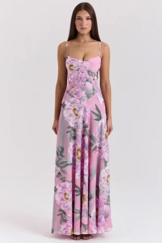 Seren rosa maxi-kjolelook med blomstertrykk og snøring i ryggen
