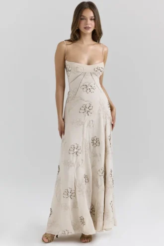 Seren Vanilla brodert, håndperlet blomster-maxi-kjole