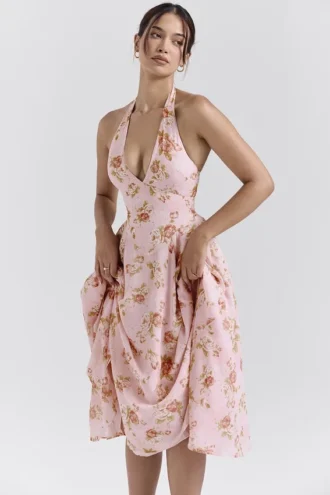 Solada engelsk vintage rose-print georgette halterneck-sommerkjoler