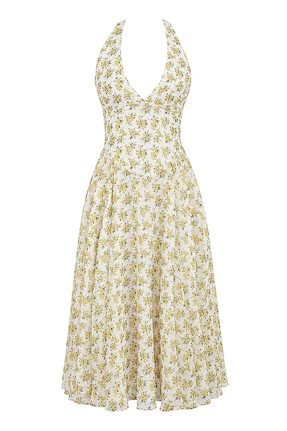 Solada Ivory Vintage Floral Print Georgette Halter Sommerkjoler