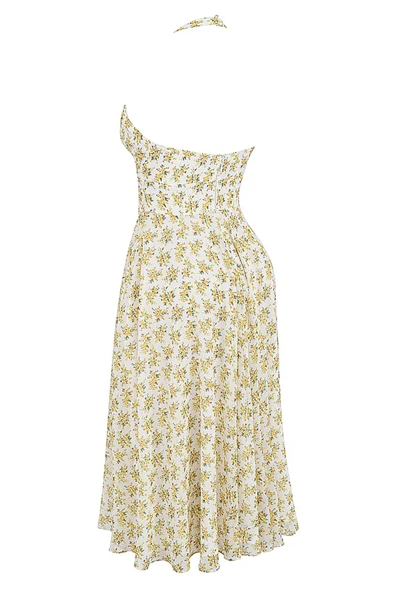 Solada Ivory Vintage Floral Print Georgette Halter Sommerkjoler