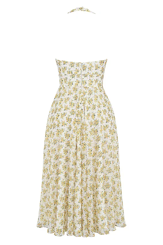 Solada Ivory Vintage Floral Print Georgette Halter Sommerkjoler