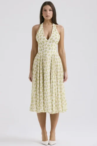 Solada Ivory Vintage Floral Print Georgette Halter Sommerkjoler