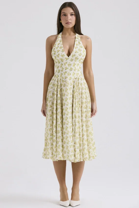 Solada Ivory Vintage Floral Print Georgette Halter Sommerkjoler