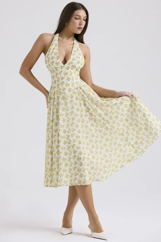 Solada Ivory Vintage Floral Print Georgette Halter Sommerkjoler
