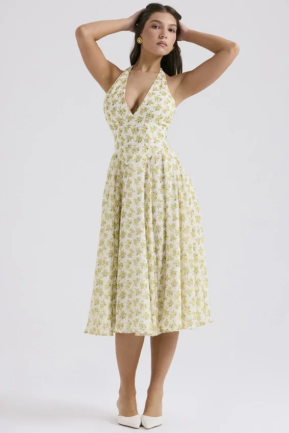 Solada Ivory Vintage Floral Print Georgette Halter Sommerkjoler