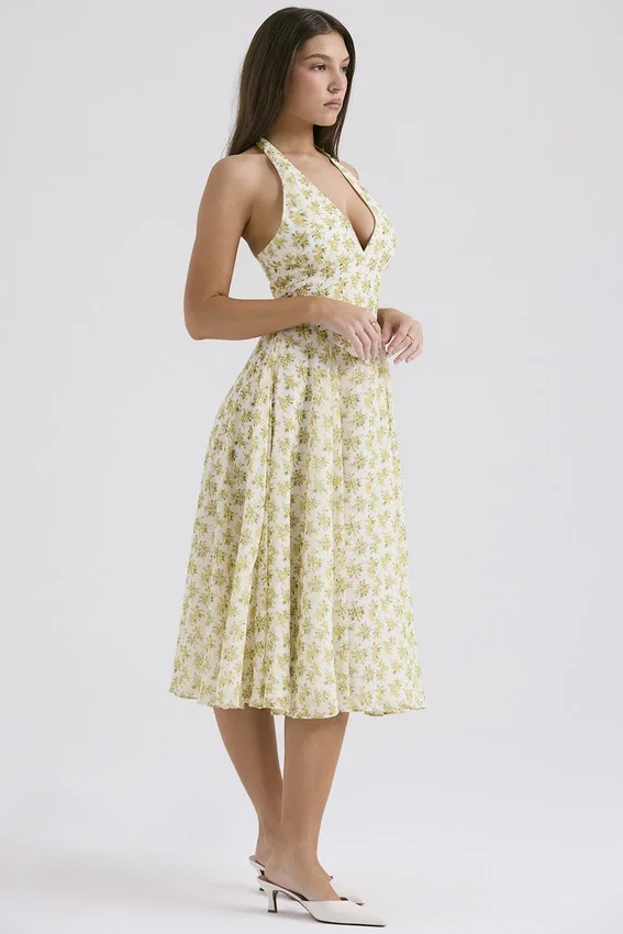 Solada Ivory Vintage Floral Print Georgette Halter Sommerkjoler