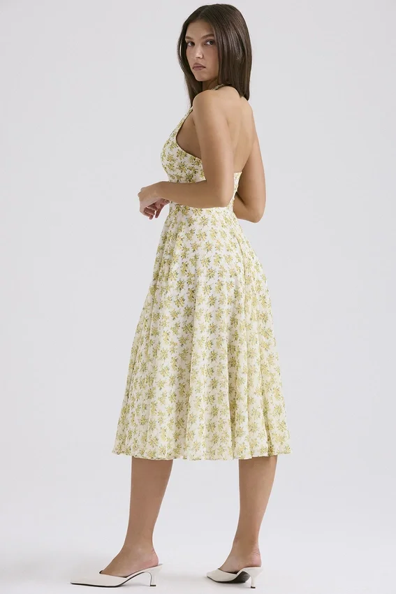 Solada Ivory Vintage Floral Print Georgette Halter Sommerkjoler