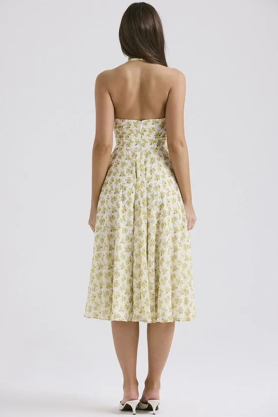 Solada Ivory Vintage Floral Print Georgette Halter Sommerkjoler