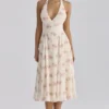 Solada Ivory Vintage Rose Print Georgette Midi Halter Kjoler