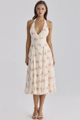 Solada Ivory Vintage Rose Print Georgette Midi Halter Kjoler