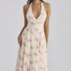 Solada Ivory Vintage Rose Print Georgette Midi Halter Kjoler