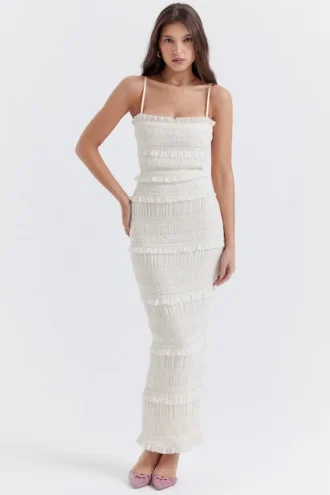Solana Ivory Sequin Pleat Maxi Kjoler