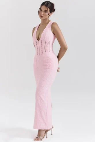 Sophina Perfectly Pink Broderie Anglais Plunge Maxi-kjoler
