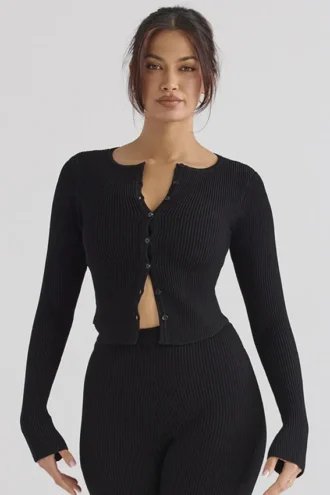 Sylvia svart ribbestrikket cardigan