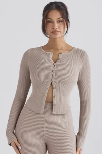 Sylvia Taupe ribbestrikket cardigan