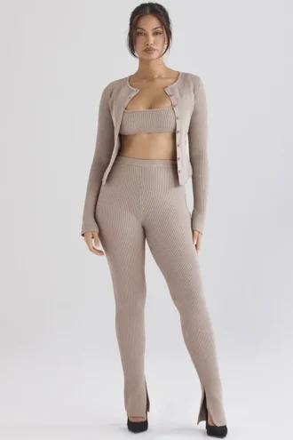 Sylvia Taupe ribbestrikket cardigan