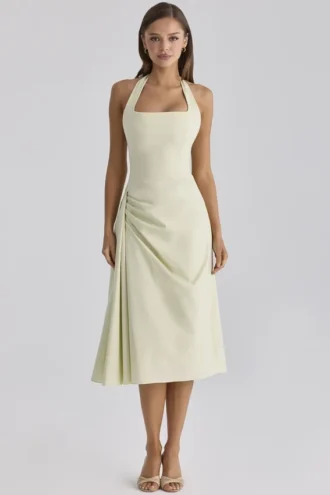 Tallulah Matcha Green Cotton Halter Neck Midi Kjoler