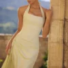 Tallulah Matcha Green Cotton Halter Neck Midi Kjoler