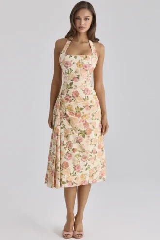 Tallulah Warm Rose Print Halter Neck Cotton Midi Kjole